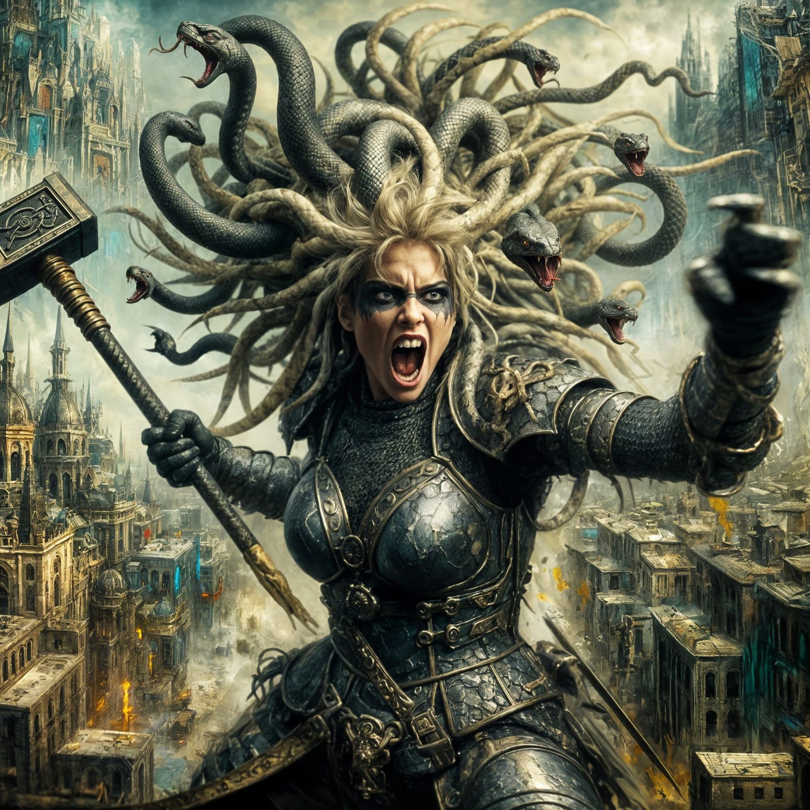 Fantasy Serpentine Knight in Post-Impressionistic Urban Batt...