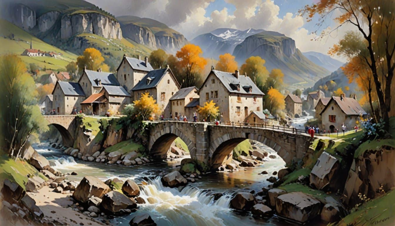 Mountain village with ancient bridges.
