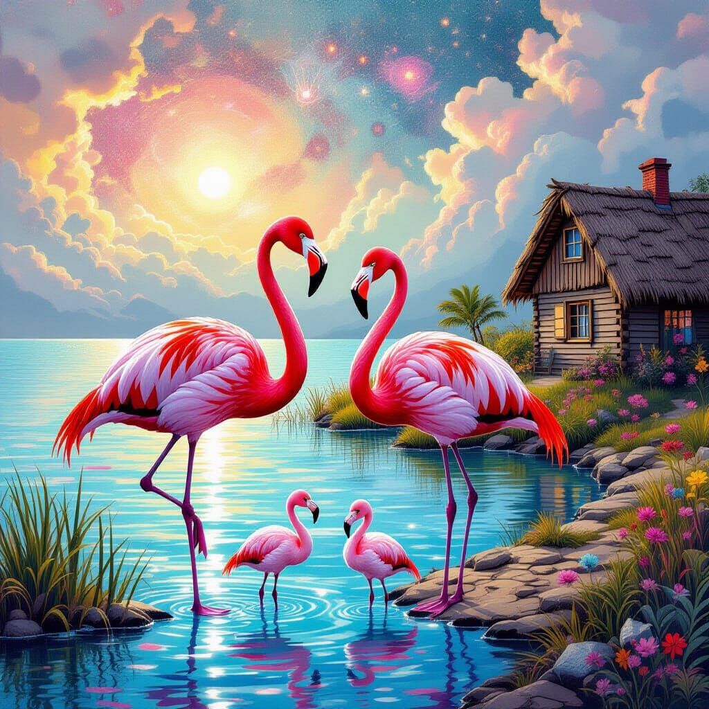 Pink Flamingos by Clear Water, Holographic Astral Illustrati...