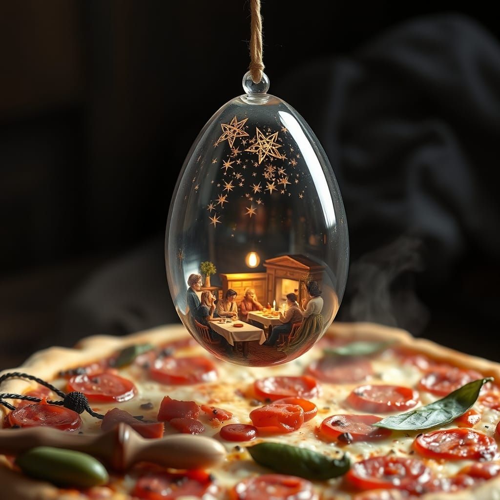 This image shows a glass egg hovering over a pizza by string, containing a miniature Italian pizzeria scene. The sky is filled with cheese a...