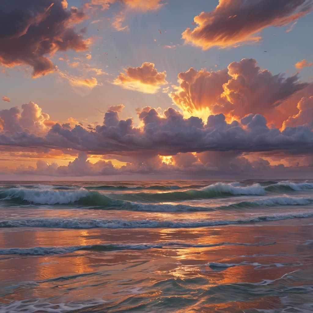 breathtaking sunset over the ocean in style of Artists Georg...