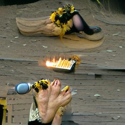 A woman with bees for feet playing a harmonica while on fire