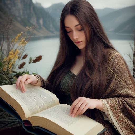 A beautiful girl with long hair sleeping on the giant open book. It's a ...