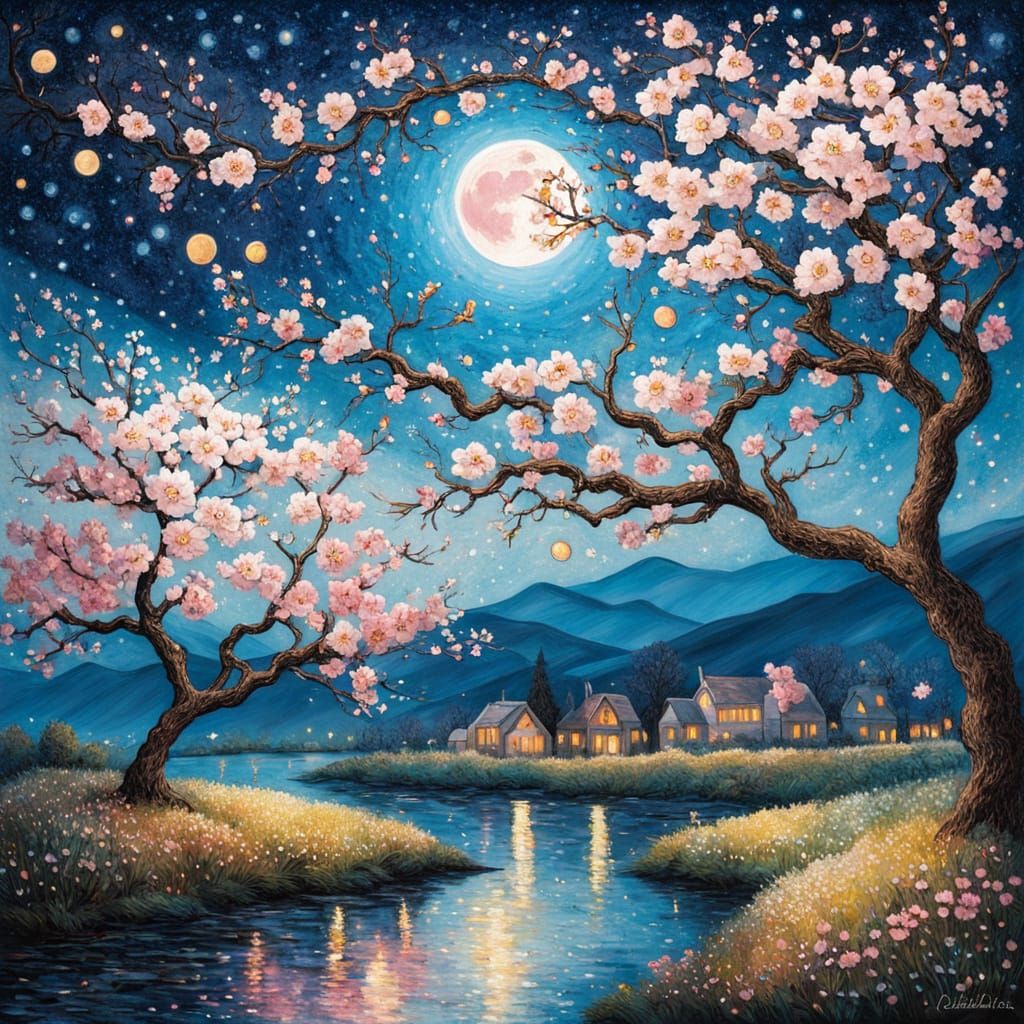 Dreamlike Pointillist Almond Blossom Under Starry Sky