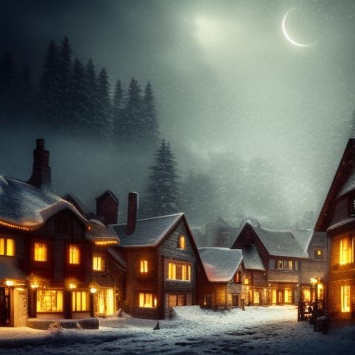 Little village covered in snow lights in cottages at night s...
