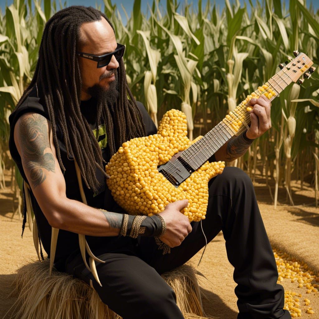 Korn playing a guitar made of corn