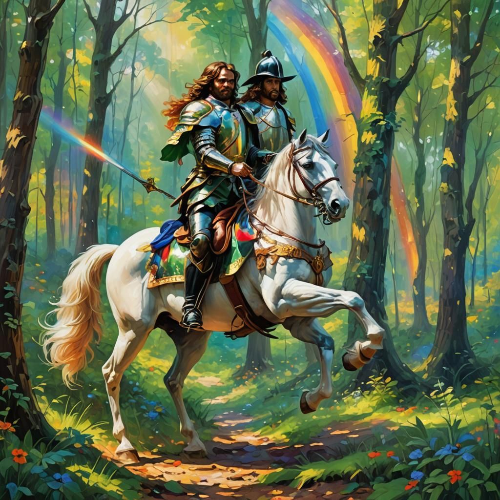 Cavalier in shining armor under a rainbow in a vibrant green...