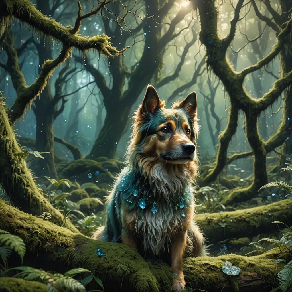 Dog in Mystical Forest: Fantastical Realism