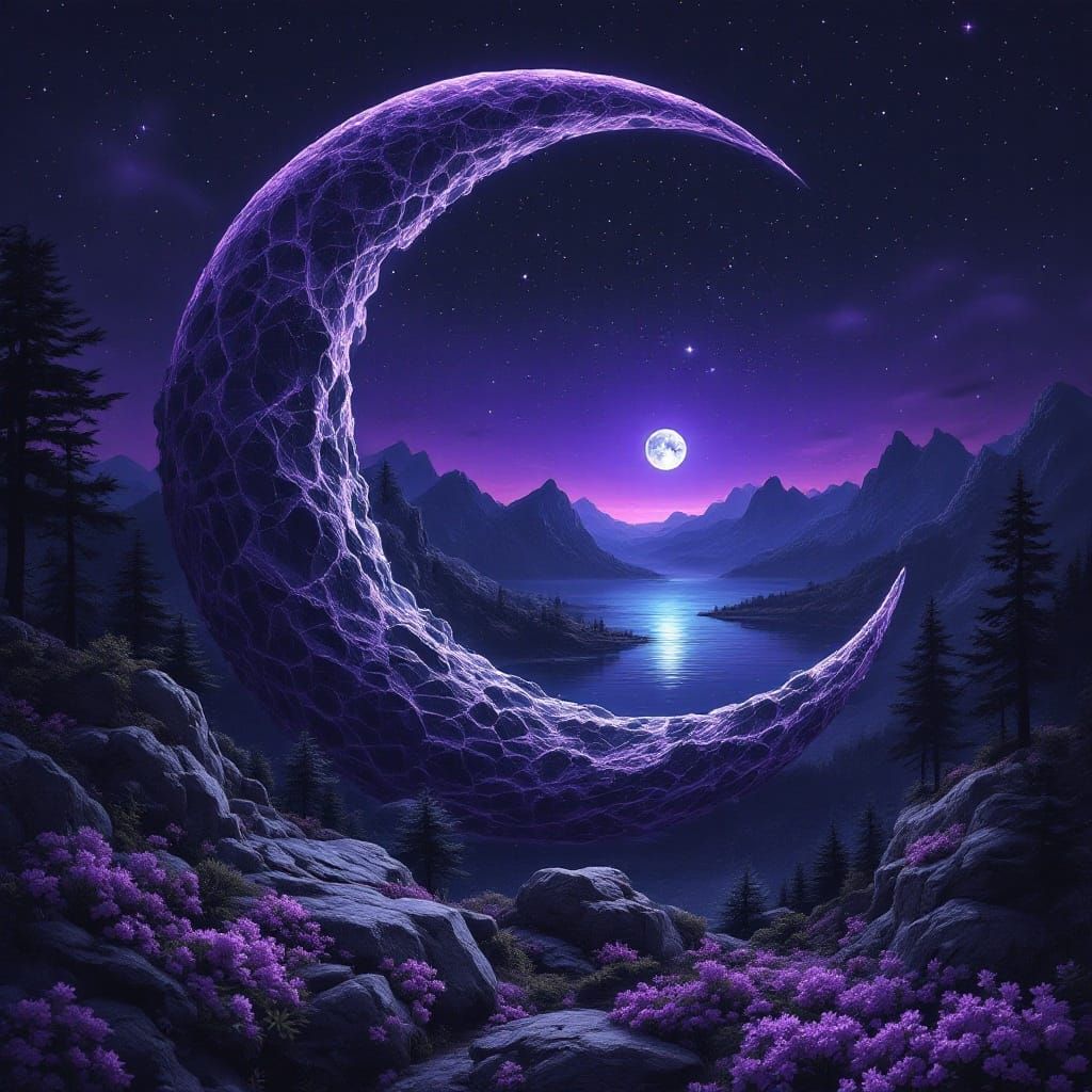 A crescent moon made from mountains and rocky crags and trees, includes a lake and purple flowers. Bg ...  by @Nednut4362