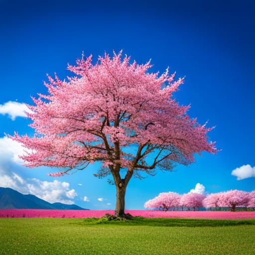 A long shot of a single solitary glorious magnificent Japanese cherry ...