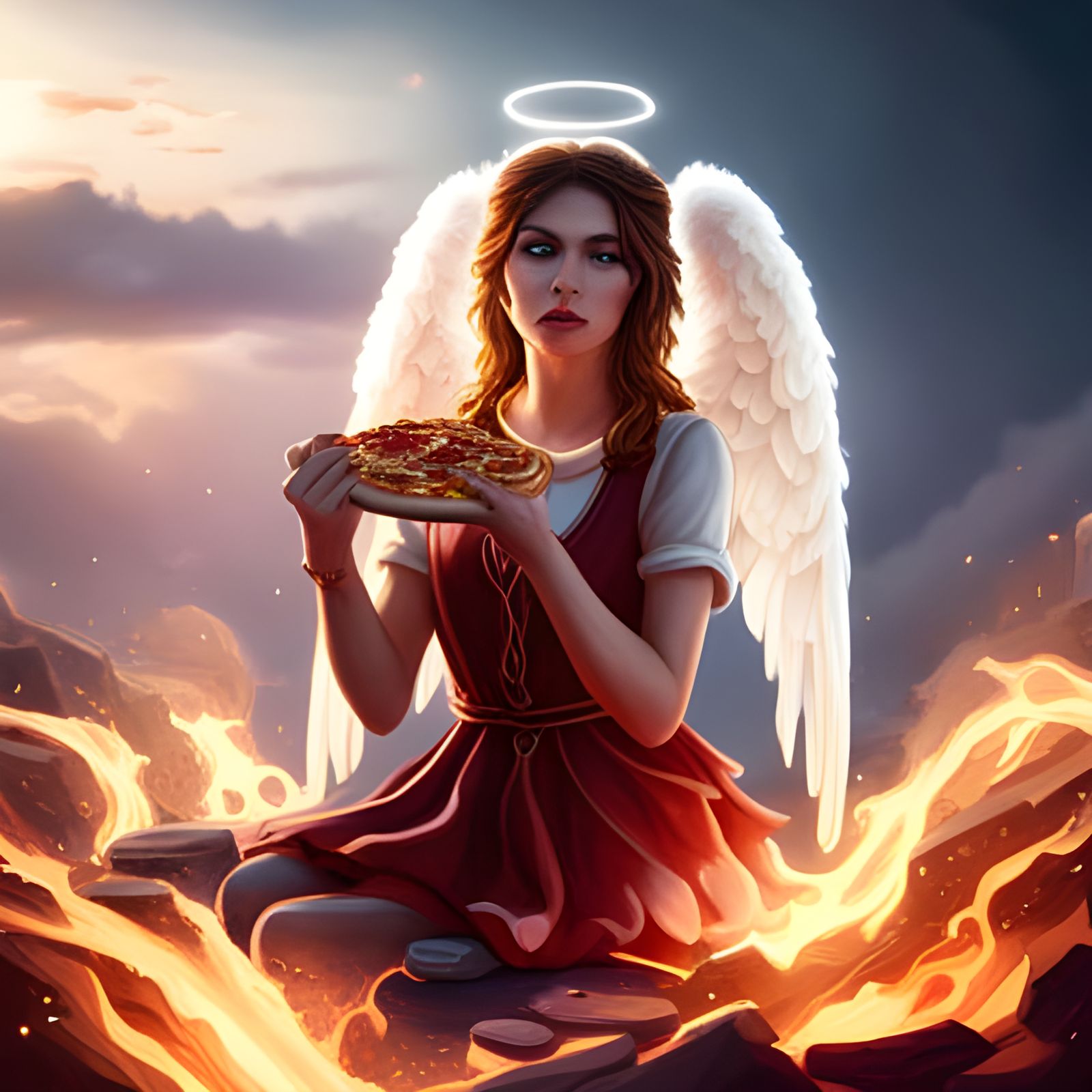 beautiful female angel eating a pizza AI Generated Artwork