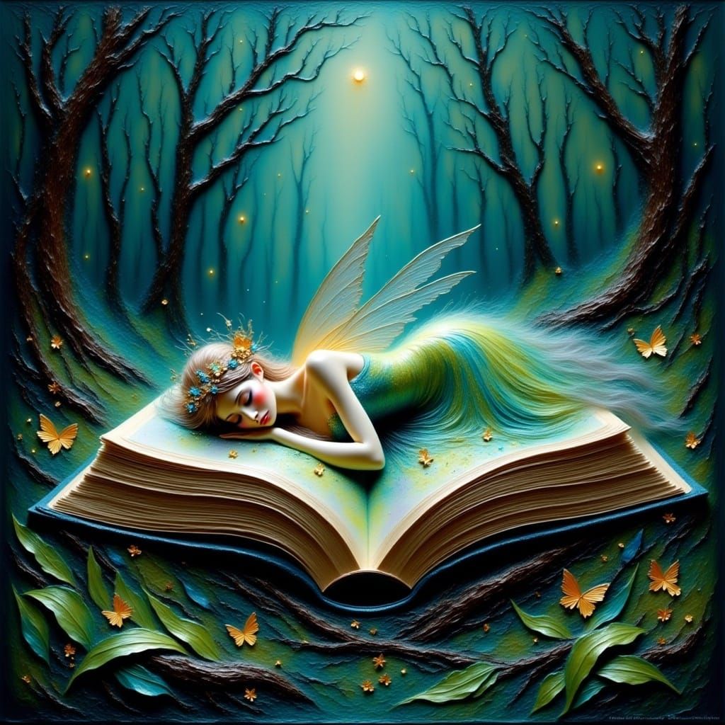 Gaussian electromagnetism Impasto, a sleeping fairy laying down on the cover of a magic book  in the misty forest, dense brush strokes, glit...