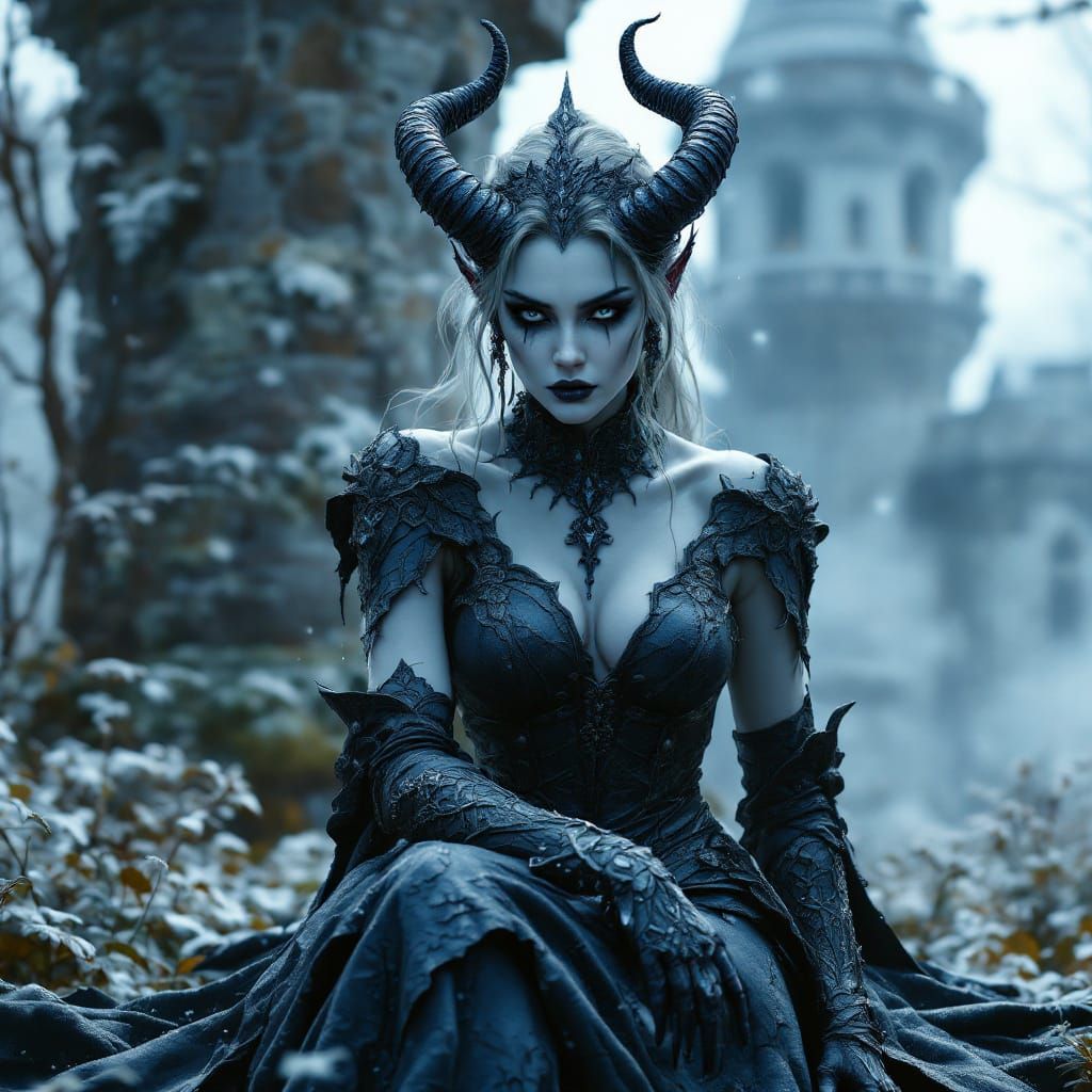  Fantasy concept art. Medium shot. A demon  queen with dark makeup sits in a  castle garden. Medium shot. Classic fantasy art style. Etherea...