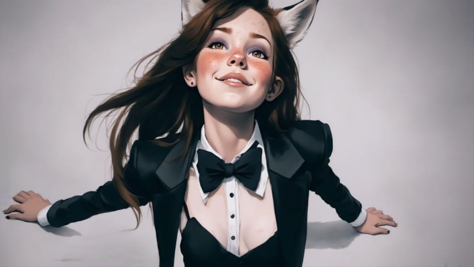 Fox-girl Vixen wearing a feminine version of a tuxedo at a photoshoot