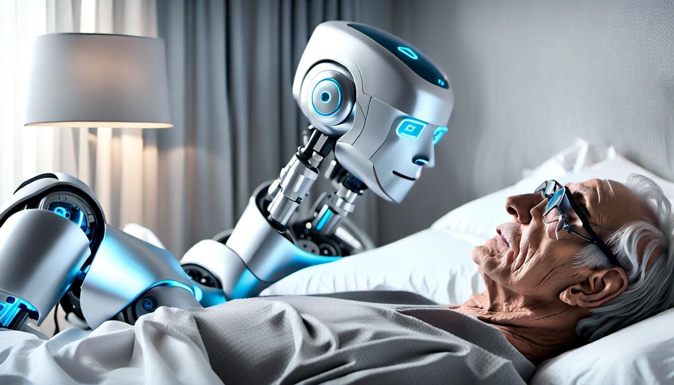 a man sleeping with a robot that is giving massage to him in the bed ...