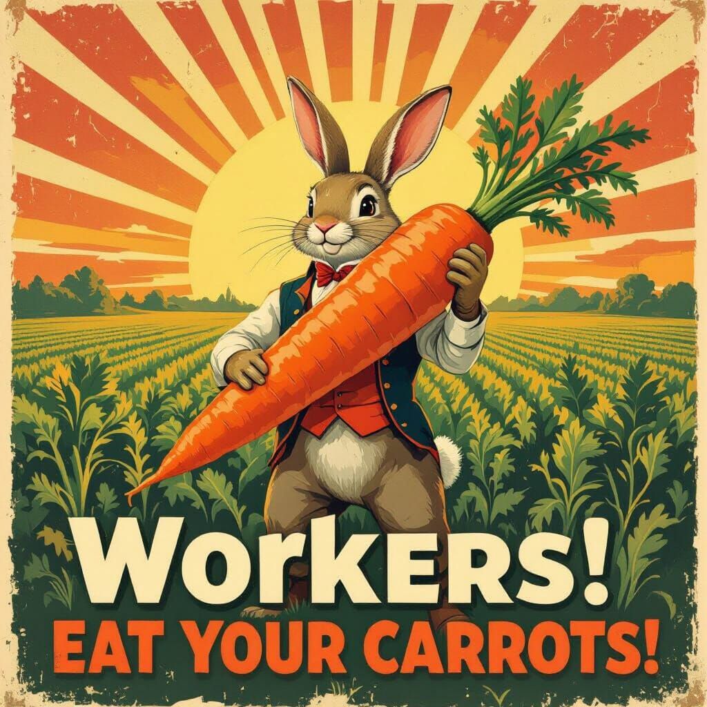Heroic Rabbit in Retro Soviet Propaganda Poster  by @Lady on Fire