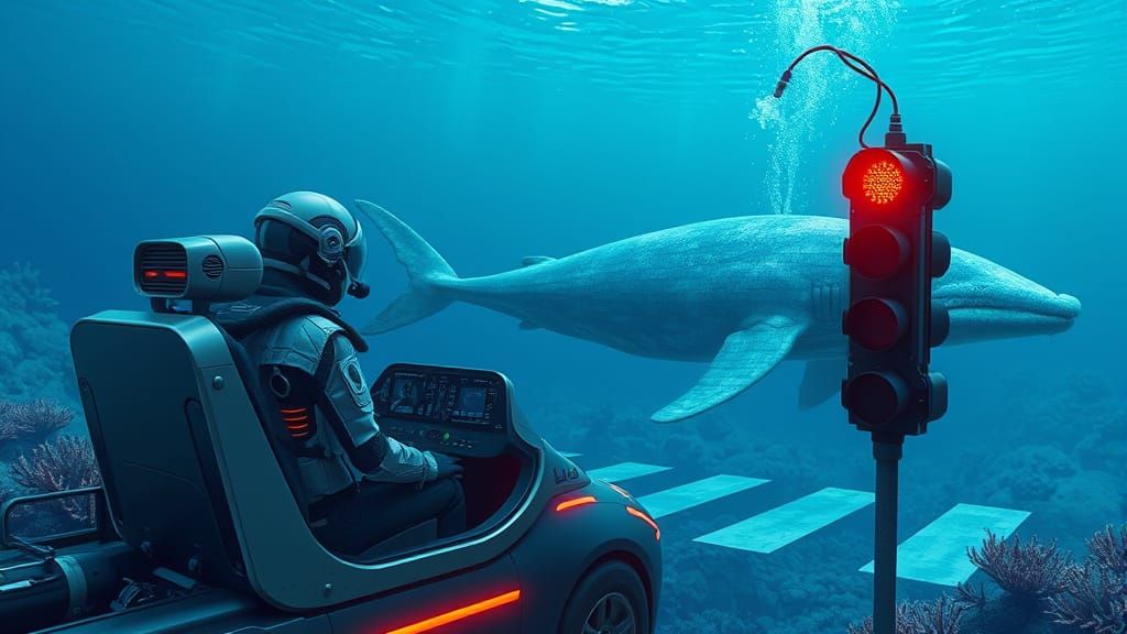 Inside the cockpit of a small underwater vehicle stopped at a glowing red anemone traffic light marking ...  by @Jc001