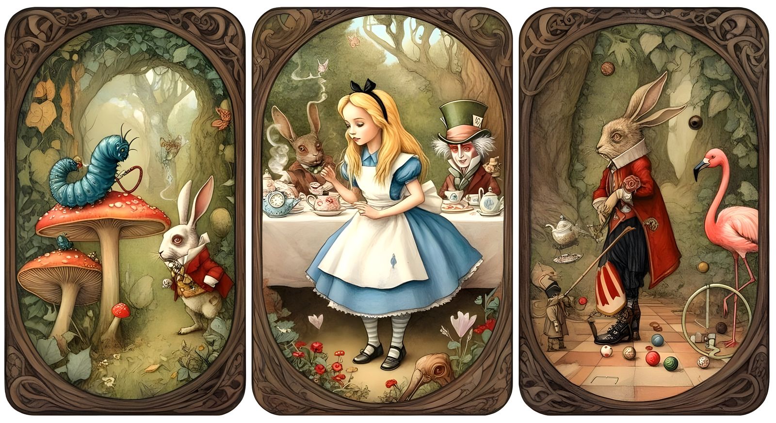 Alice in Wonderland Decorative Wood Frame Triptych  by @Gary Murakami