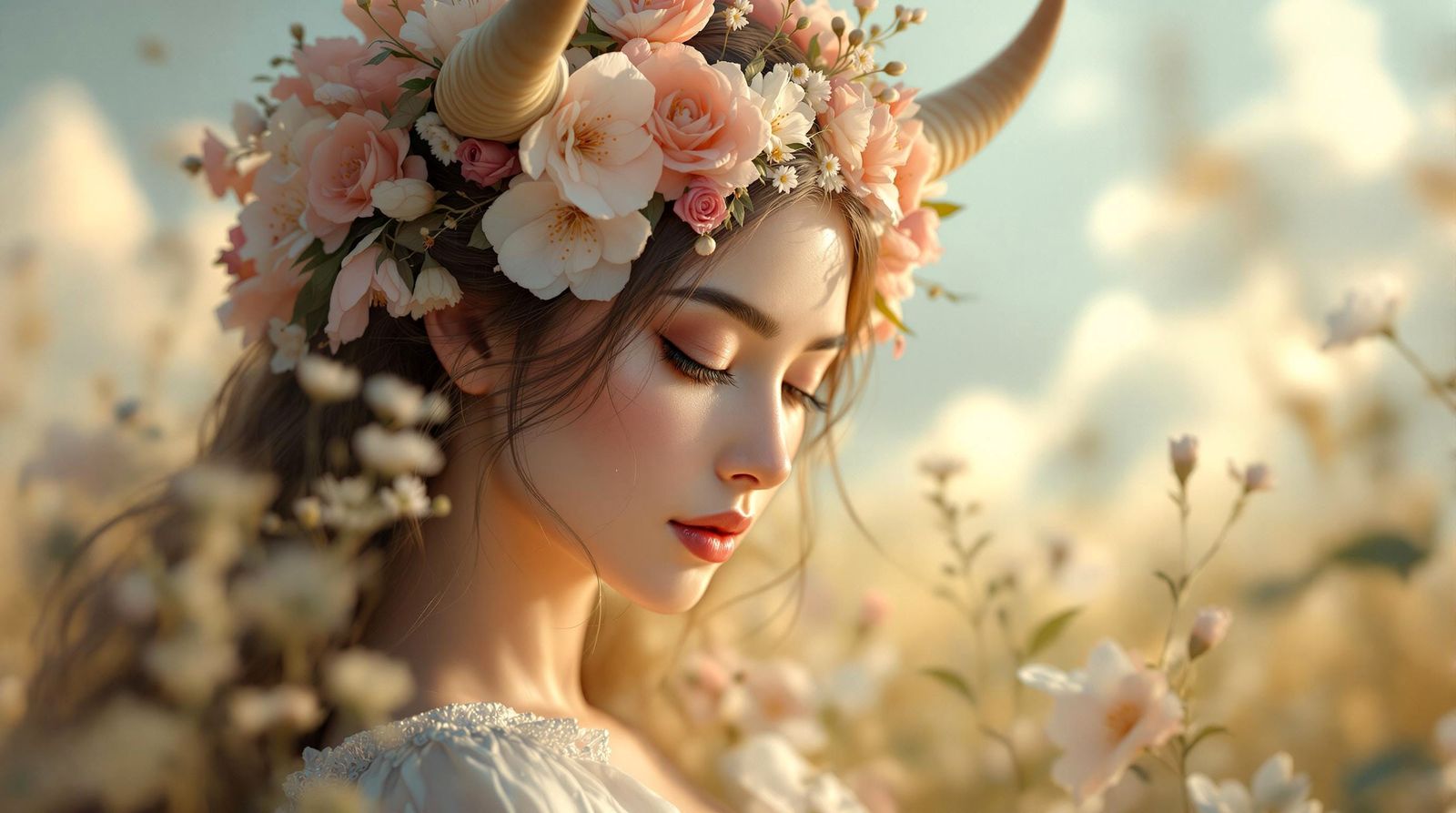 **Taurus ** A serene woman with soft, earthy tones, adorned with delicate bull horns and surrounded by lush, blooming fl...