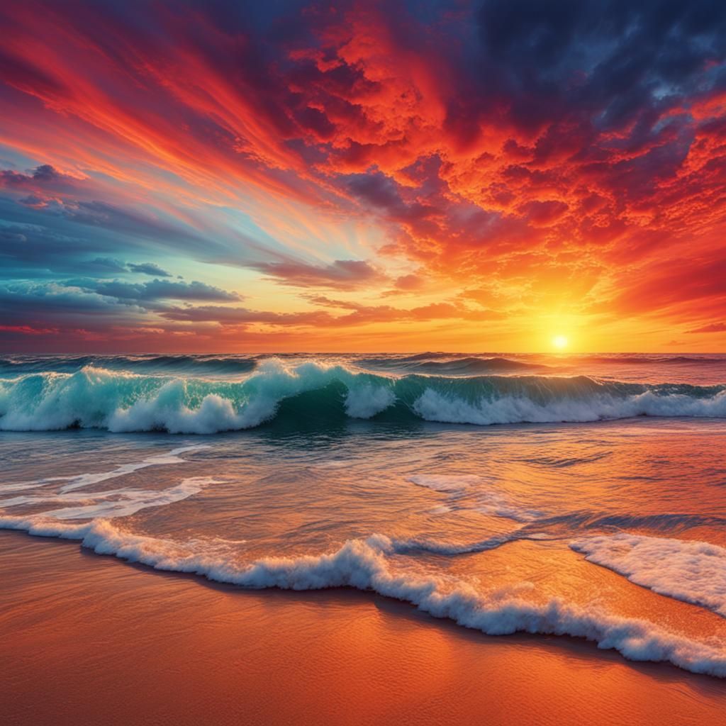 A beautiful sunset at the beach orange,red, yellow, big blue waves mixed media 8K resolution  by @eileenMcC
