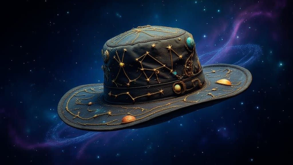 Whimsical atmosphere. A collection of antique, enchanted hats floating gently through a starlit, urban night sky. Each hat glows with a soft...