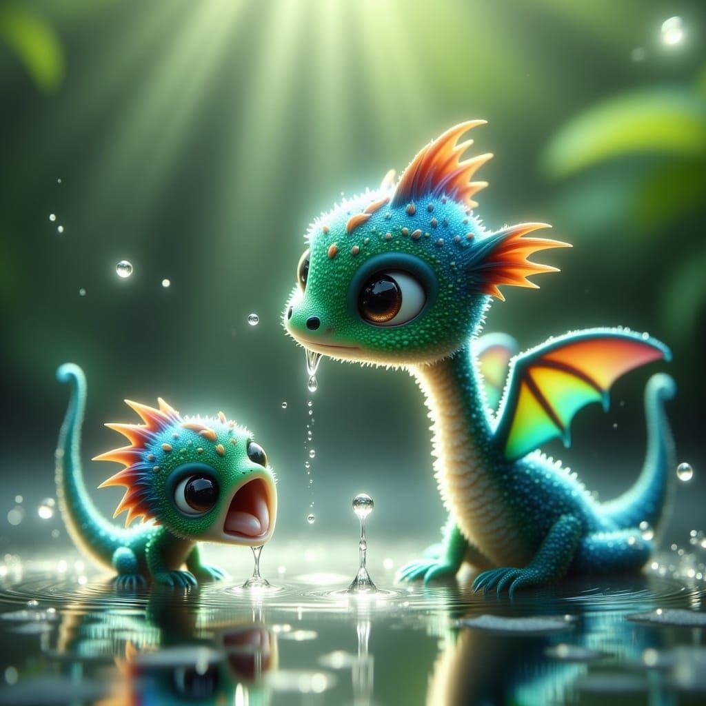 <lora:Flux Vivid Visions:1.0> A whimsical baby water dragon with iridescent blue-green scales and large ...  by @Aelha