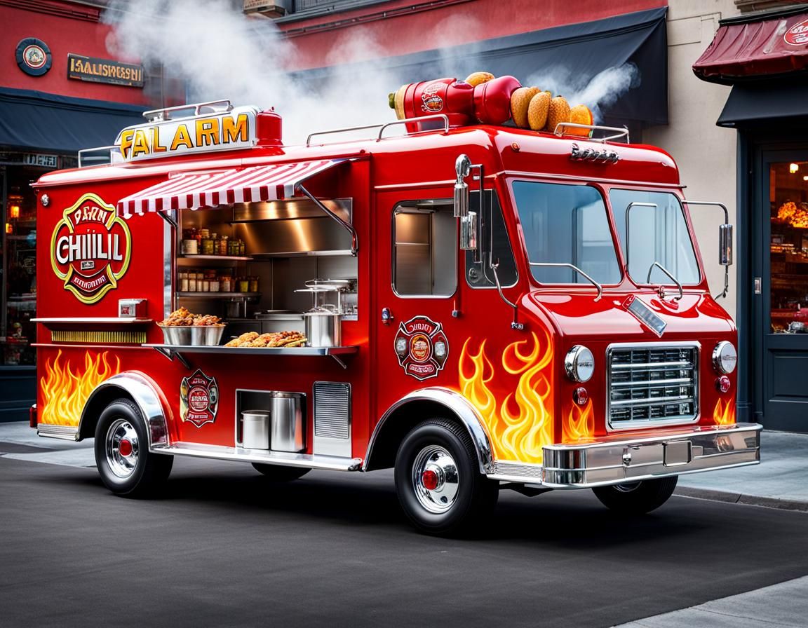 Crystal Clear glass food truck shaped like a firetruck, "5 Alarm Chili