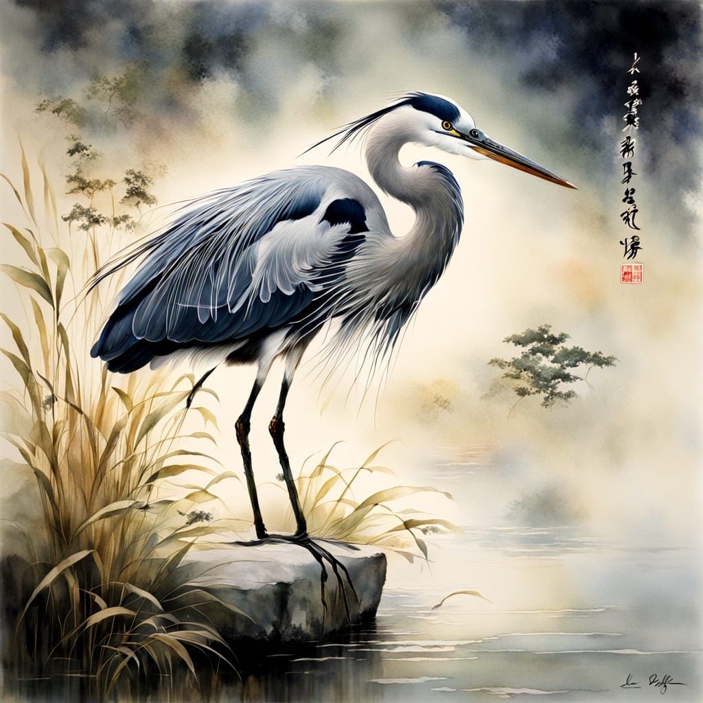 Heron, traditional Chinese painting, Chinese art, Chinese landscape, Chinese motifs, Lee Bogle, wind, ...  by @MrKitWalker