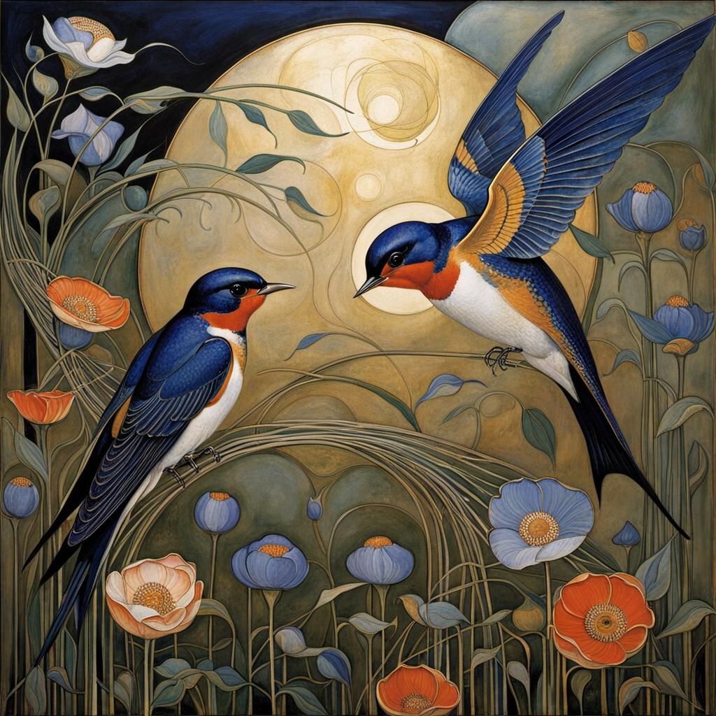 the artistic flight of barn swallows in the storm, by Frances MacDonald McNair, Marc Chagall and Margaret ...  by @Tina auf der Blumenwiese