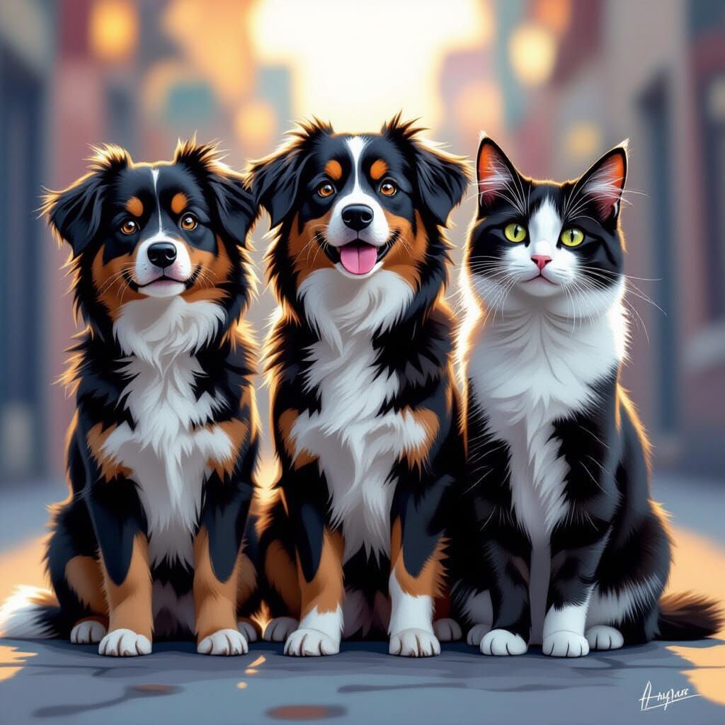Cute Dogs Face Off Against Cats in Vivid Art