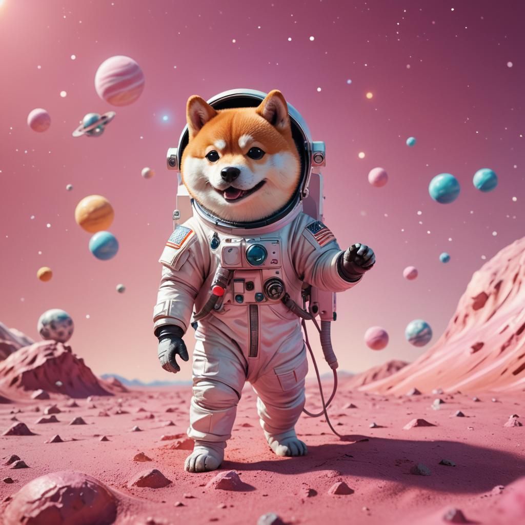 a cute happy Shiba inu astronaut on a pink background, digit...