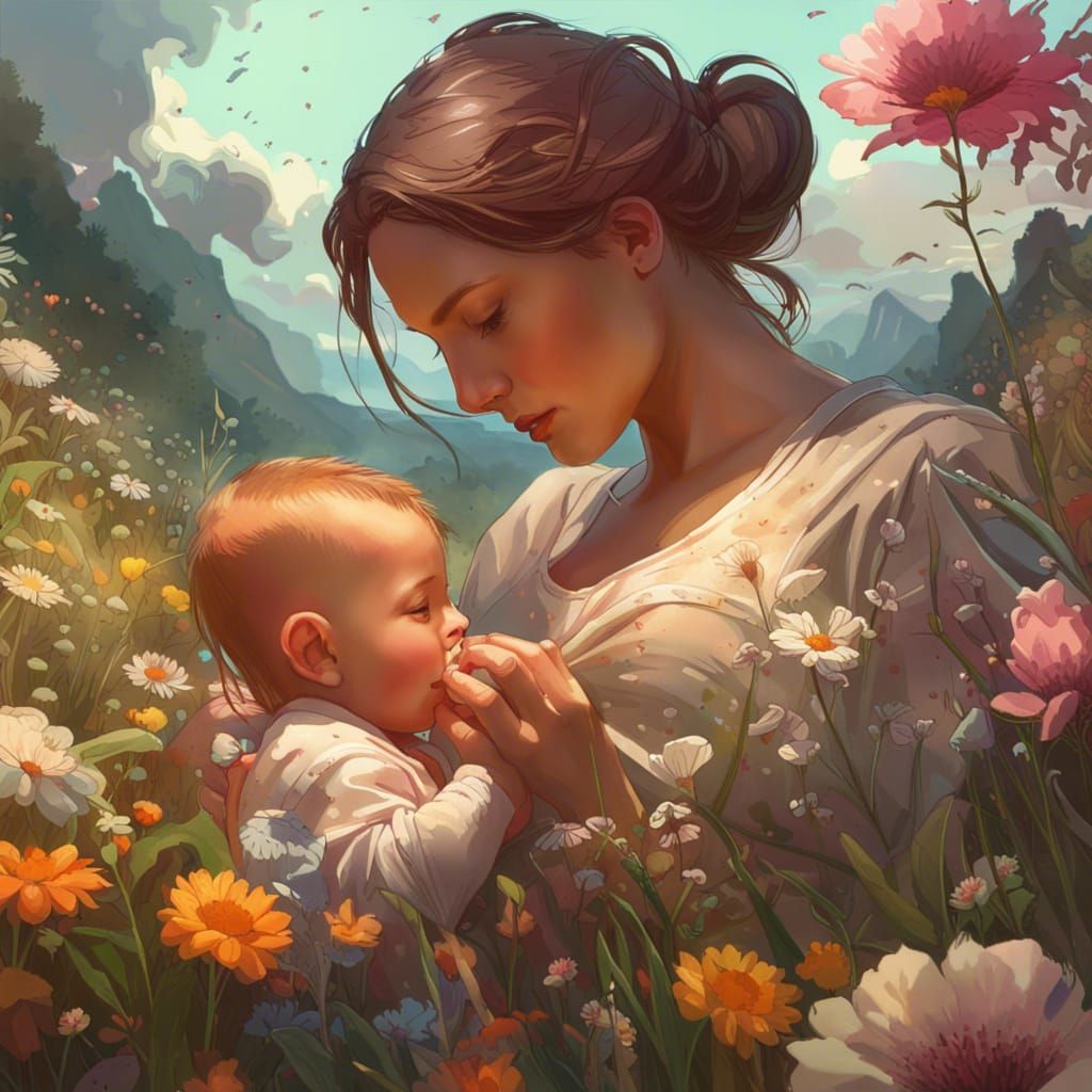 Beautiful flower meadow with a mother feeding her baby
