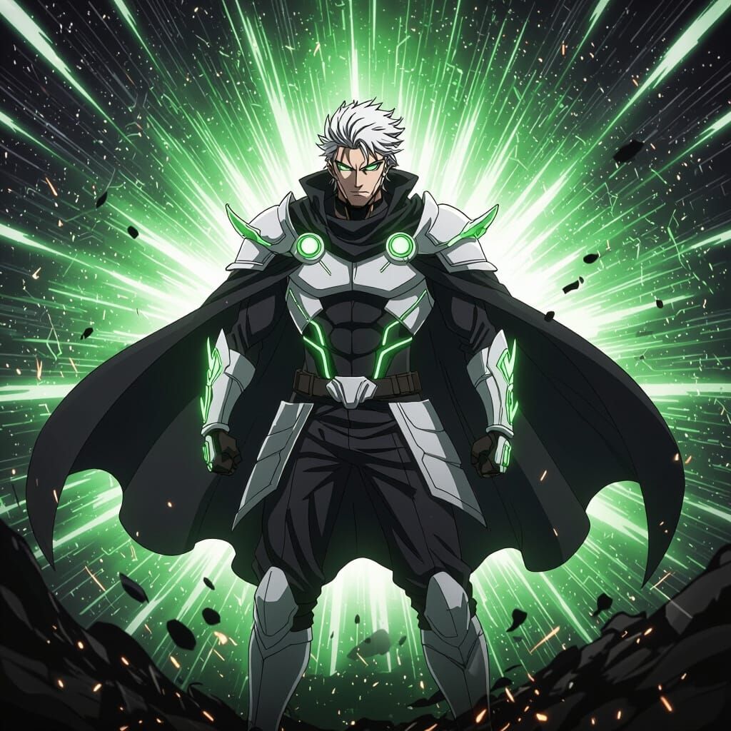 "Create a heroic anime-style character inspired by a young hero like Deku from My Hero Academia, but fully original and not copying any copy...