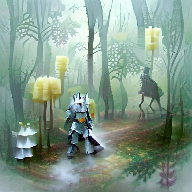 knight walking in a misty forest