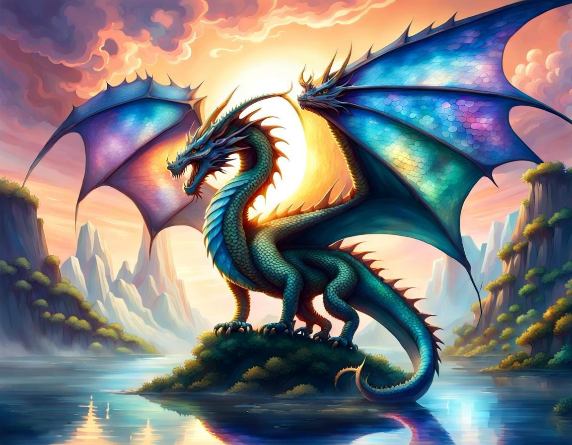 A majestic dragon, its iridescent scales reflecting the light, soaring ...