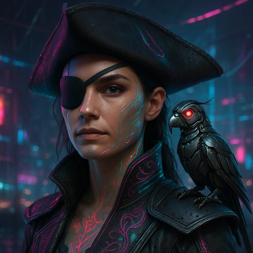 Portrait of a cyberpunk pirate woman (2)
