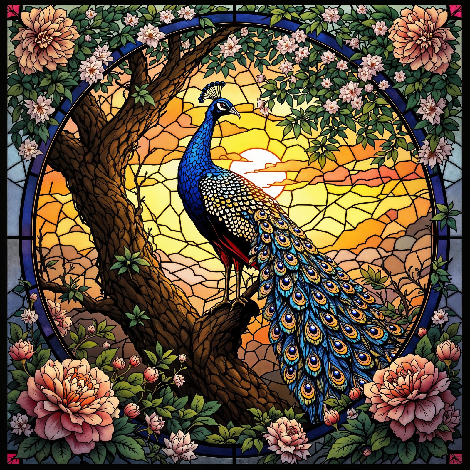 Close up Hyper realistic glistening stained glass of a peacock standing in a tree with a sunset in the ...  by @undefined