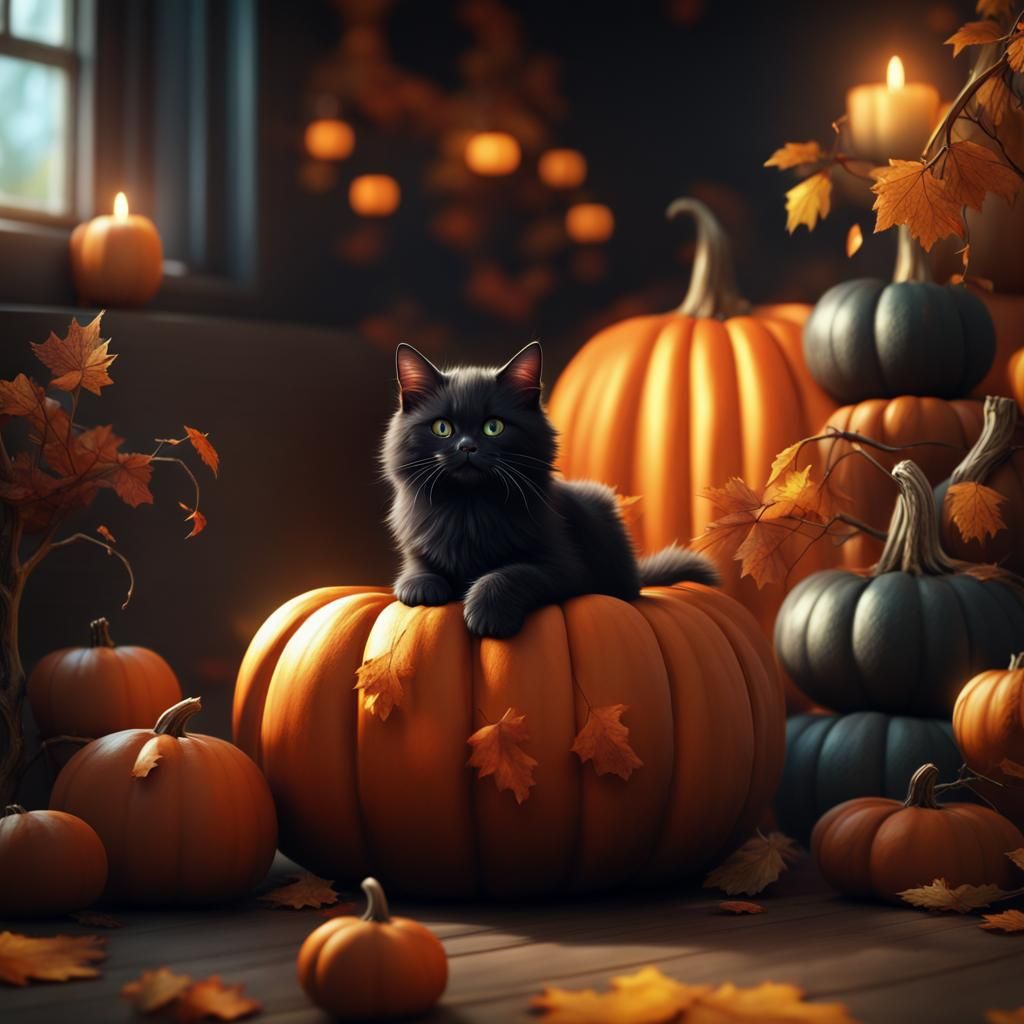 Cute black fluffy cat on a pumpkin ornaments wallpaper