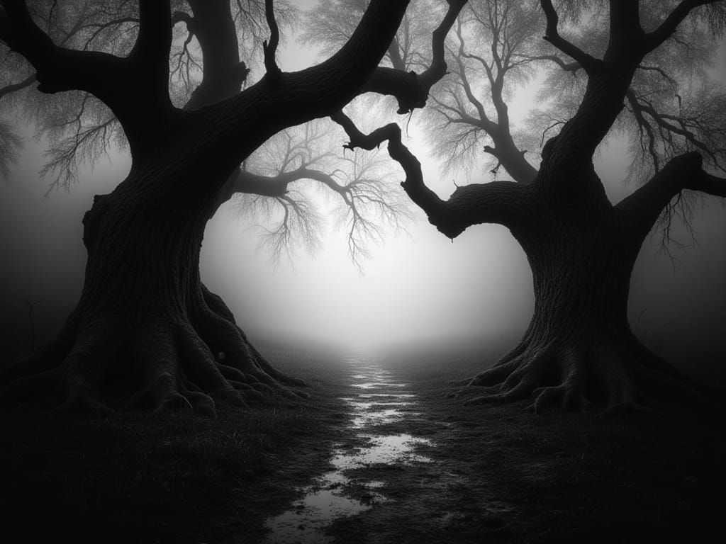 <lora:Double BlackWhite v1:1.0> Upper body view of two trees growing toward each other, their trunks contorting in the misty night. Oniric, ...