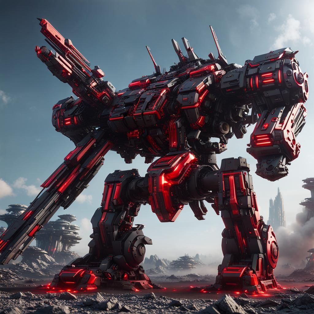 A Giant destroyer with full armed weapon. Black and red colo...