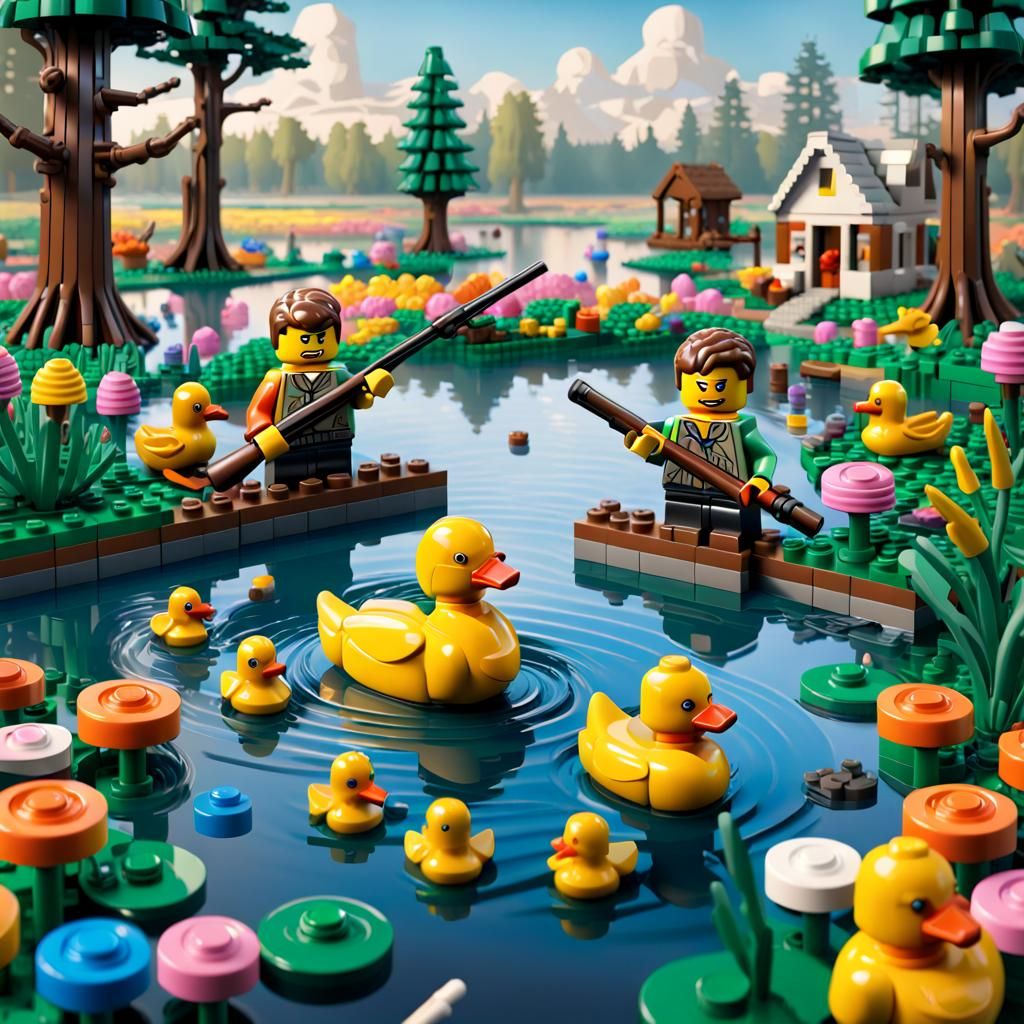 Lego art, Men in pond duck hunting, nature AI Generated Artwork