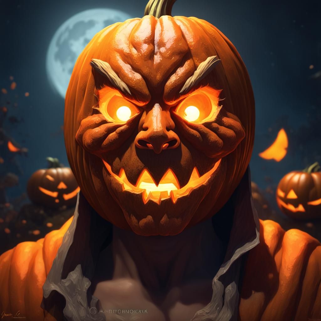 Jack o lantern bathed in glow of moonlight  head and shoulde...