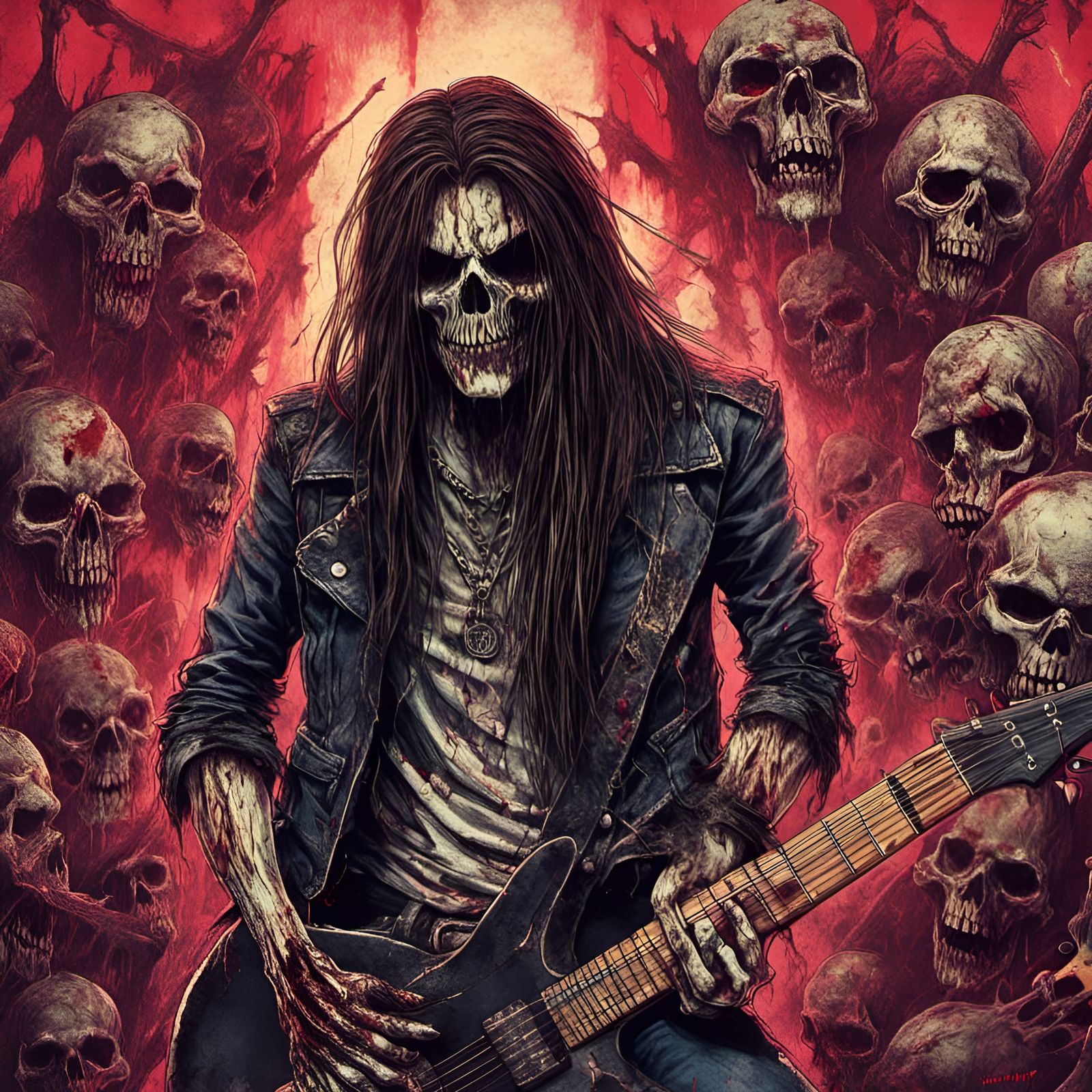 <lora:Macabre:1.0> rocker zombies heavy metal musicband with...