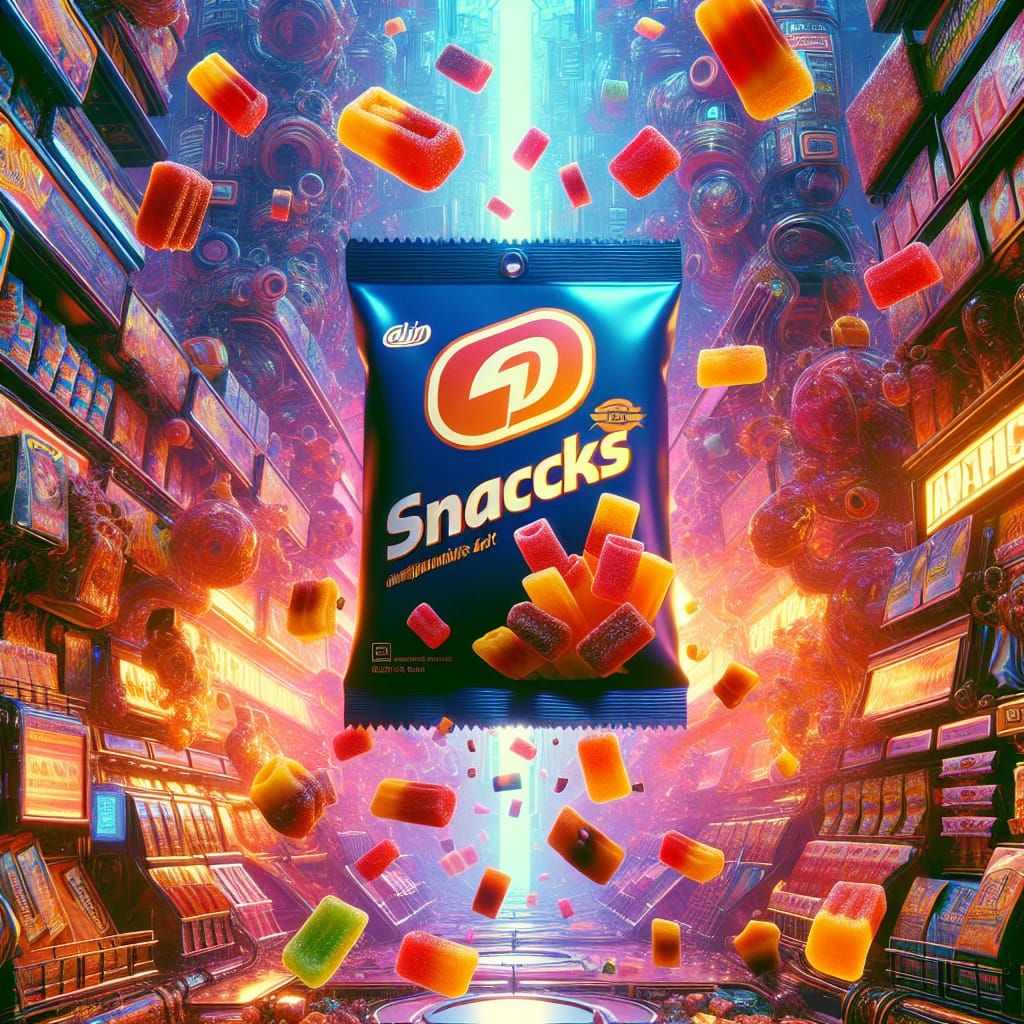 album cover style, pack of gummy snacks floating with text o...