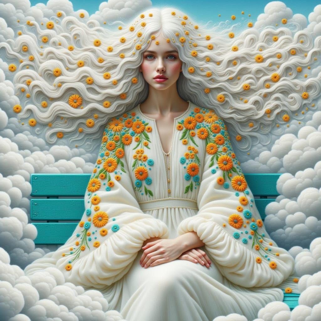 <lora:Kak-embroidery:1.0>A wonderful surreal painted woman with long wavy white hair made entirely of white small flowers clustered together...