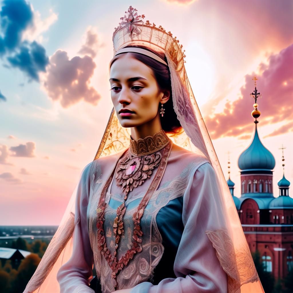 Beautiful tsarina Eudoxia young and thin in sarafan and kokoshnik with veil.