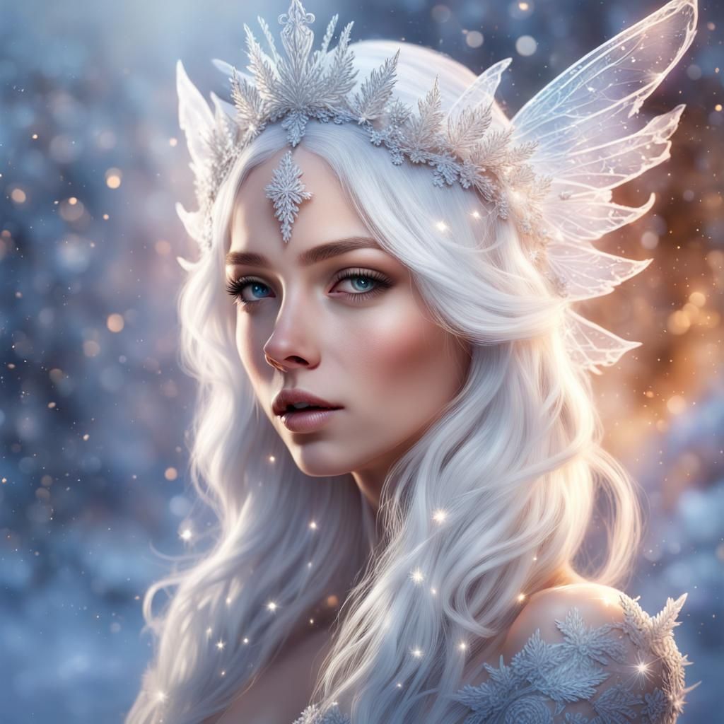 beautiful winter fairy, white hair, crown, sparkling wings, magical ...