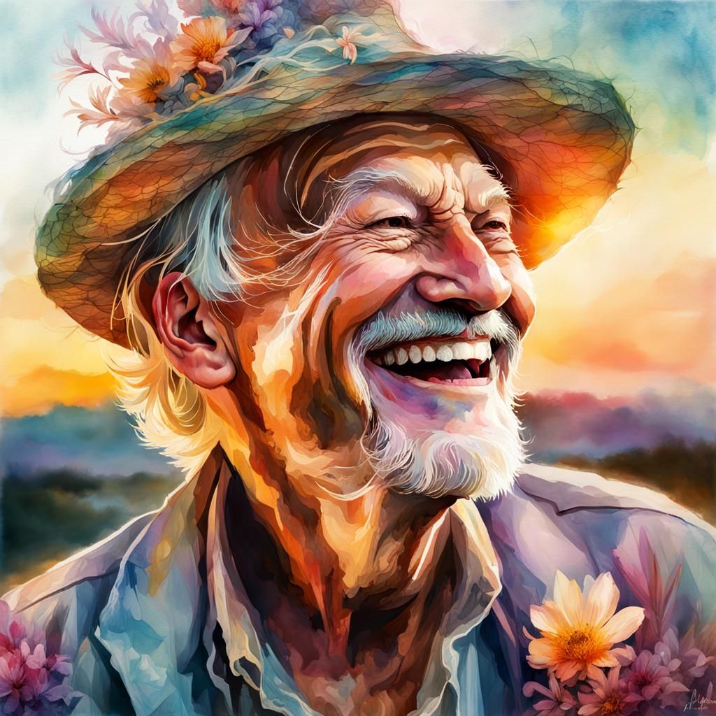 Double exposure reflected Digital watercolor Illustration of an old man laughing, summerscape sunset, ...  by @Laevos