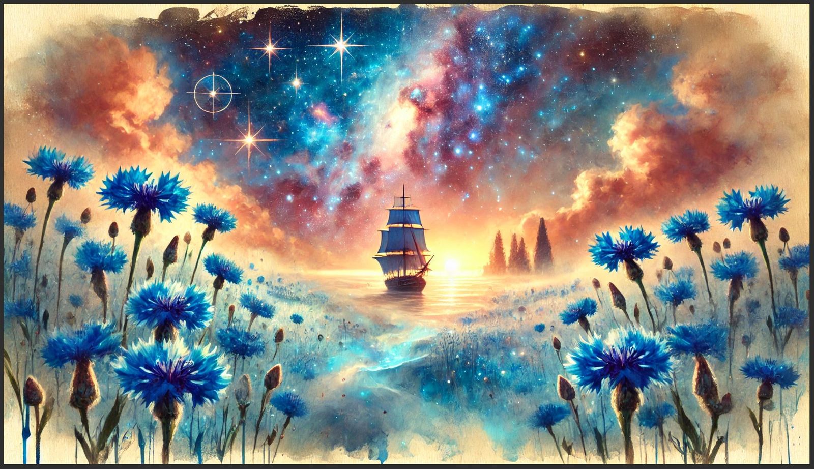cosmic dreamscape with a majestic nebula and a sailing ship floating amidst swirling blue cornflowers