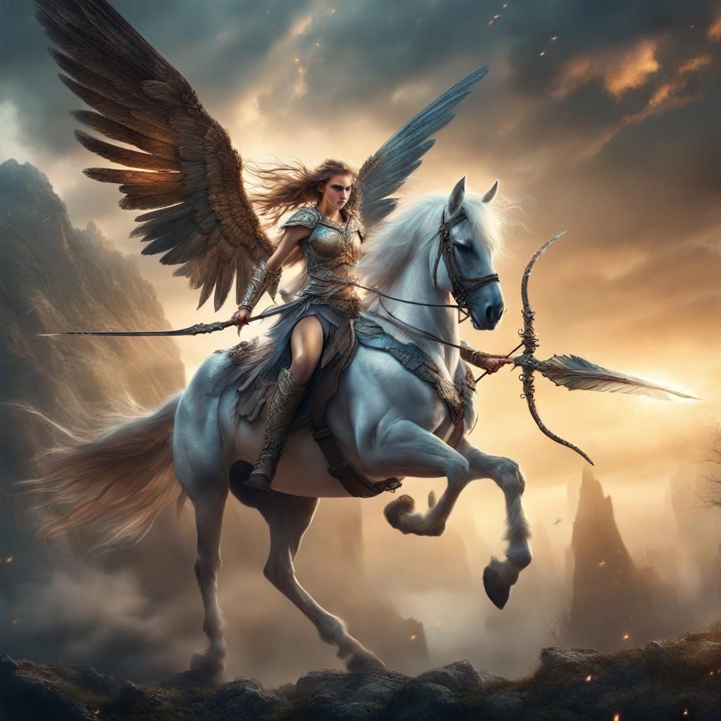 A warrior fairy with a magic bow, flying with her Pegasus co...